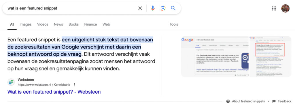 Featured Snippet voorbeeld